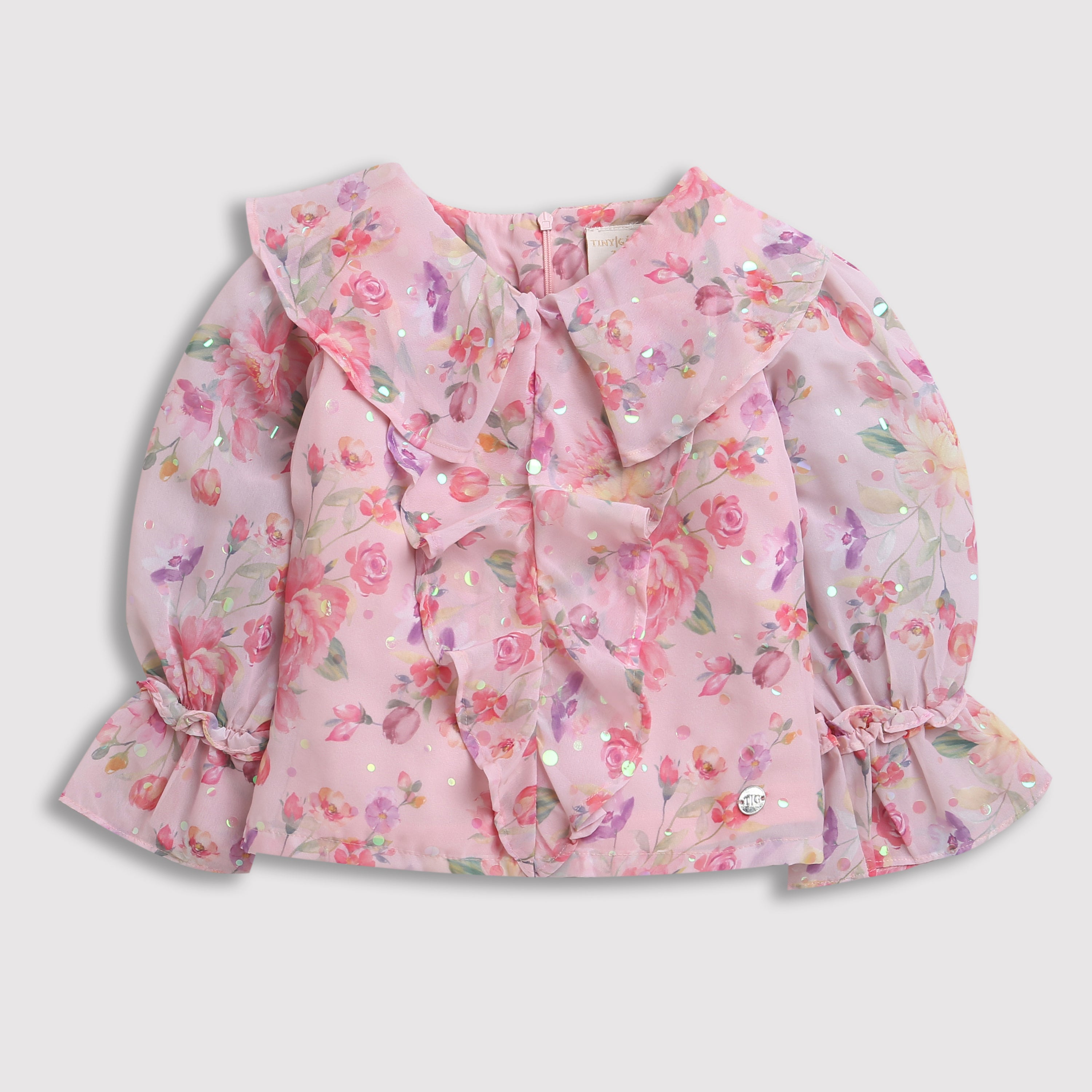 Girls Pink Western Printed Full Sleeves Top