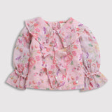 Girls Pink Western Printed Full Sleeves Top