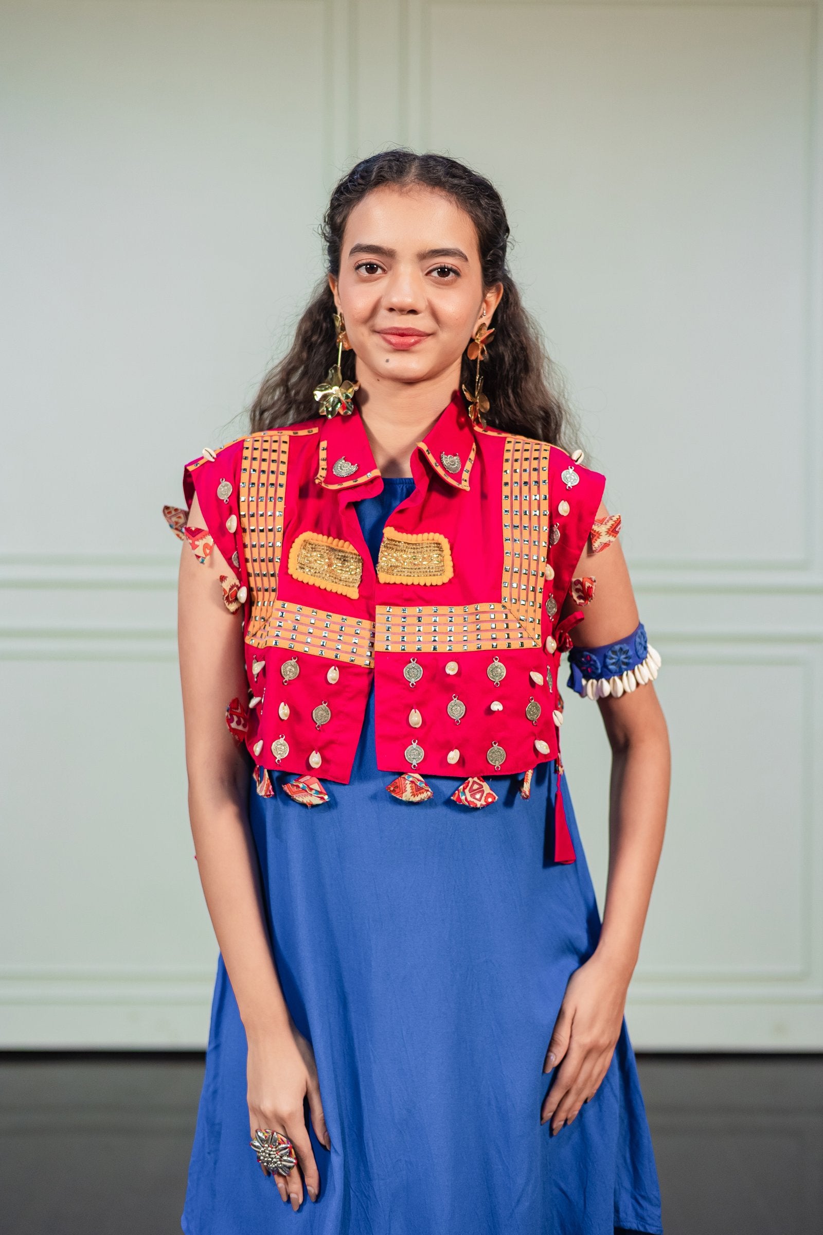 Girls Red Embroidered Festive Wear Jacket