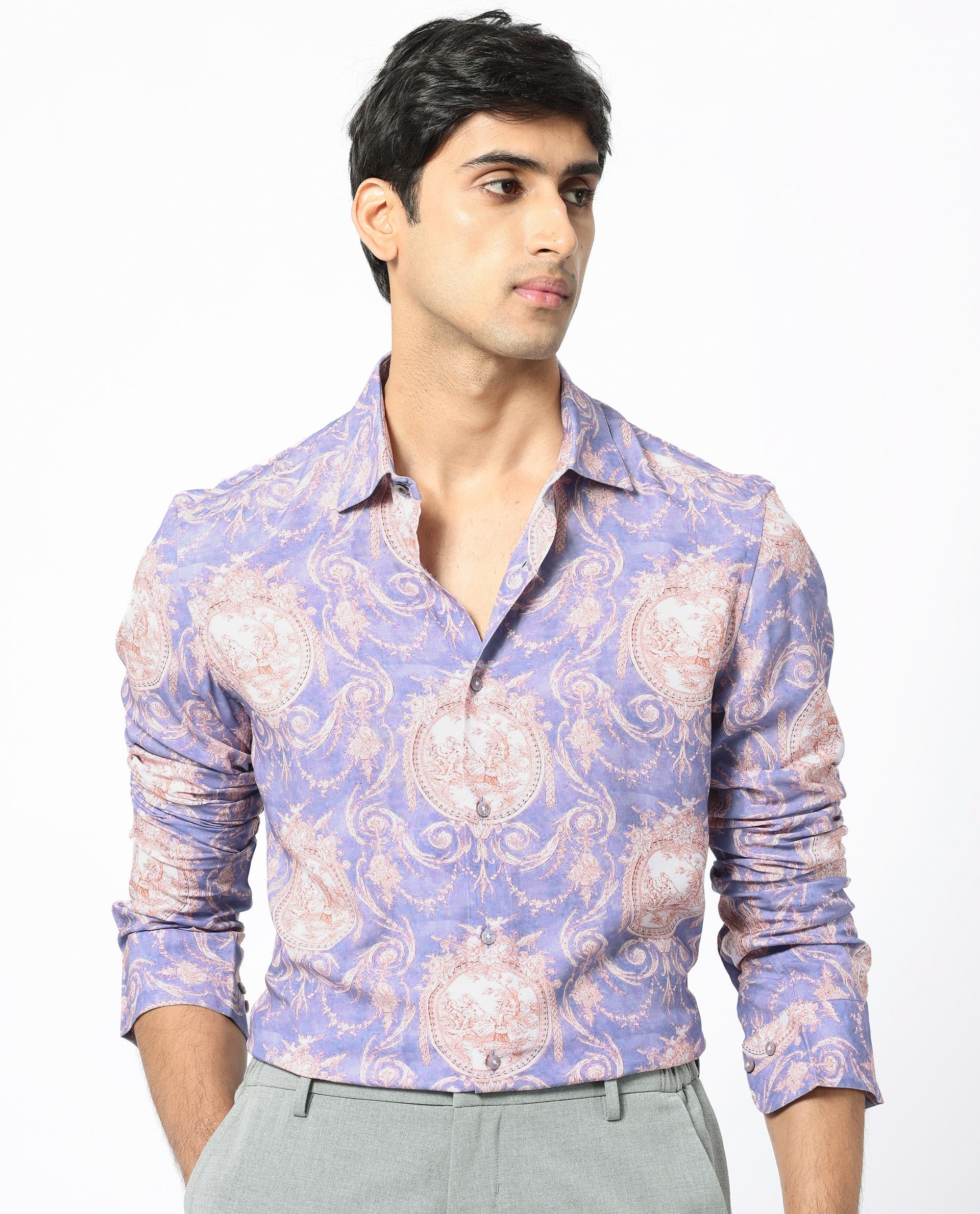 Men's Purple Casual Regular Fit Printed Full Sleeves Shirt