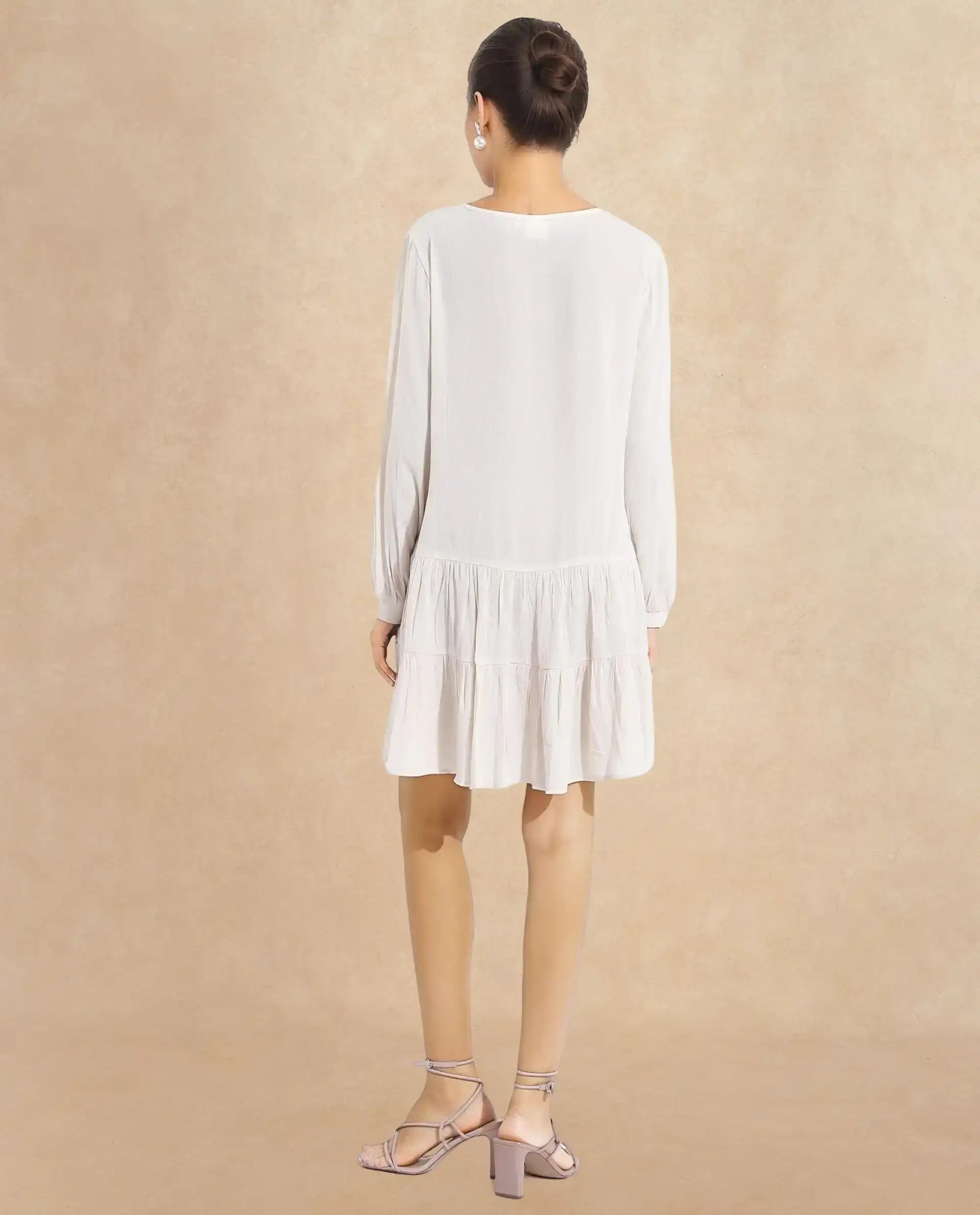 Women's Tijuana White Bishop Sleeve Crew Neck Regular Fit Plain Knee Length Dress