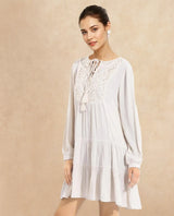 Women's Tijuana White Bishop Sleeve Crew Neck Regular Fit Plain Knee Length Dress