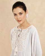 Women's Tijuana White Bishop Sleeve Crew Neck Regular Fit Plain Knee Length Dress