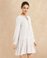 Women's Tijuana White Bishop Sleeve Crew Neck Regular Fit Plain Knee Length Dress