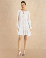 Women's Tijuana White Bishop Sleeve Crew Neck Regular Fit Plain Knee Length Dress