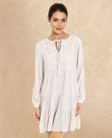 Women's Tijuana White Bishop Sleeve Crew Neck Regular Fit Plain Knee Length Dress