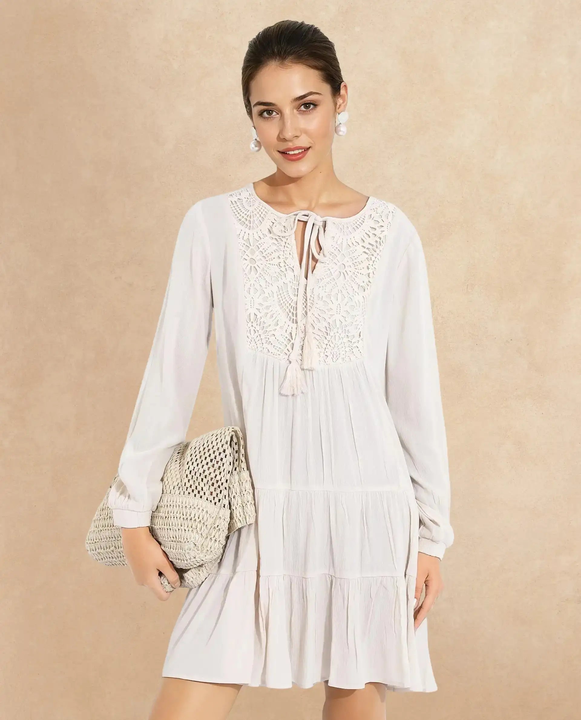 Women's Tijuana White Bishop Sleeve Crew Neck Regular Fit Plain Knee Length Dress