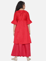 Girls Red Pleated Asymmetric Kurta with Palazzos