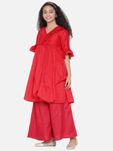 Girls Red Pleated Asymmetric Kurta with Palazzos