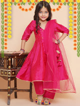 Girls Pink Angrakha Kurta with Trousers & Dupatta