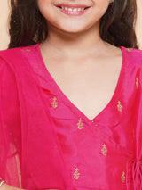 Girls Pink Angrakha Kurta with Trousers & Dupatta