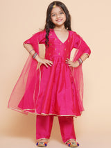 Girls Pink Angrakha Kurta with Trousers & Dupatta