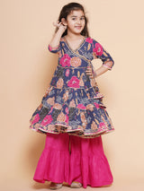 Girls Navy Blue Pink Floral Printed Angrakha Gotta Patti Kurta with Sharara