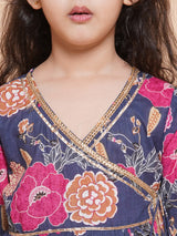 Girls Navy Blue Pink Floral Printed Angrakha Gotta Patti Kurta with Sharara
