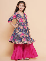 Girls Navy Blue Pink Floral Printed Angrakha Gotta Patti Kurta with Sharara