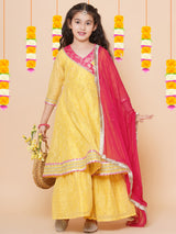 Girls Yellow Angrakha Gotta Patti Kurta with Sharara & Dupatta