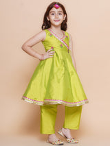 Girls Green Angrakha Kurta with Trousers & Dupatta