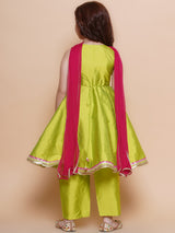 Girls Green Angrakha Kurta with Trousers & Dupatta