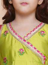 Girls Green Angrakha Kurta with Trousers & Dupatta