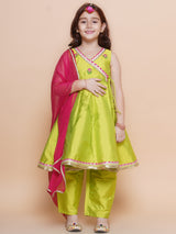 Girls Green Angrakha Kurta with Trousers & Dupatta