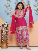 Girls Pink Yoke Design Pure Cotton Straight Kurta with Salwar & Dupatta
