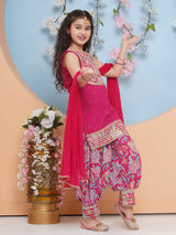 Girls Pink Yoke Design Pure Cotton Straight Kurta with Salwar & Dupatta
