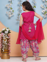 Girls Pink Yoke Design Pure Cotton Straight Kurta with Salwar & Dupatta