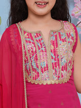 Girls Pink Yoke Design Pure Cotton Straight Kurta with Salwar & Dupatta