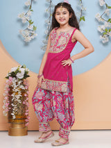 Girls Pink Yoke Design Pure Cotton Straight Kurta with Salwar & Dupatta