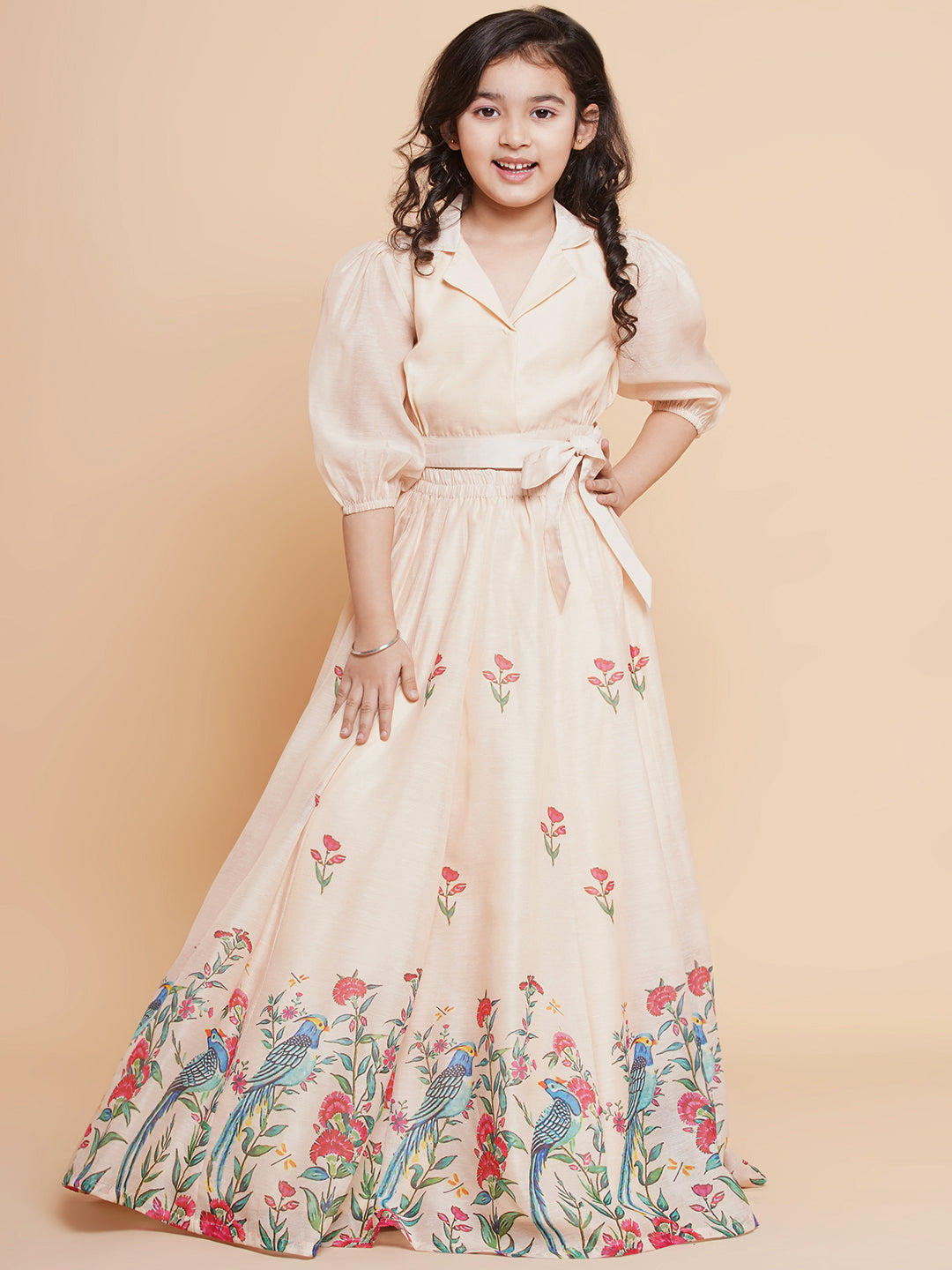 Girls Beige Peacock Printed Ready to Wear Lehenga with Choli