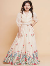 Girls Beige Peacock Printed Ready to Wear Lehenga with Choli