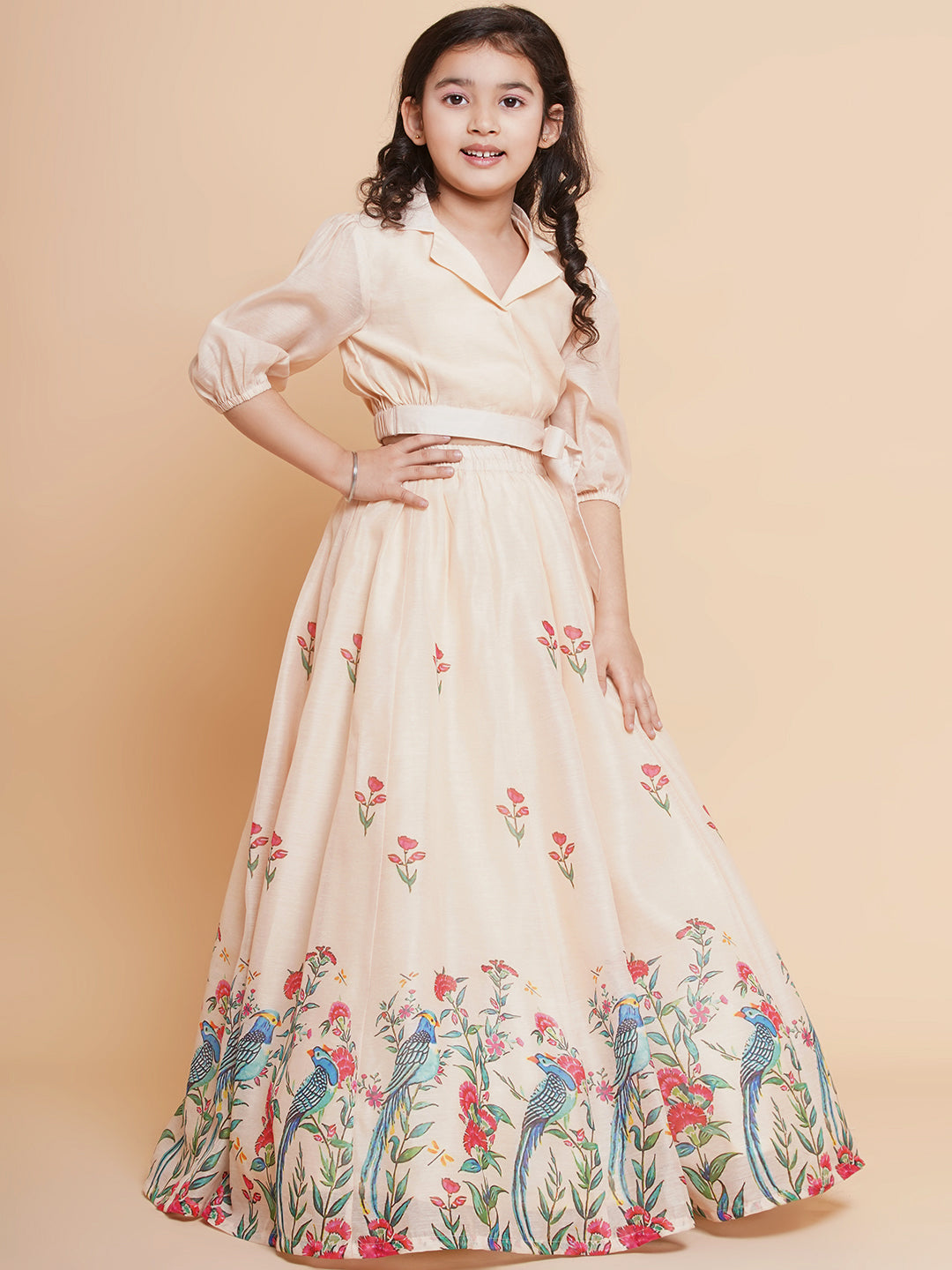 Girls Beige Peacock Printed Ready to Wear Lehenga with Choli