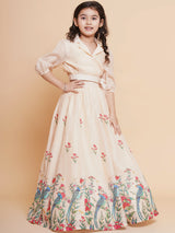 Girls Beige Peacock Printed Ready to Wear Lehenga with Choli