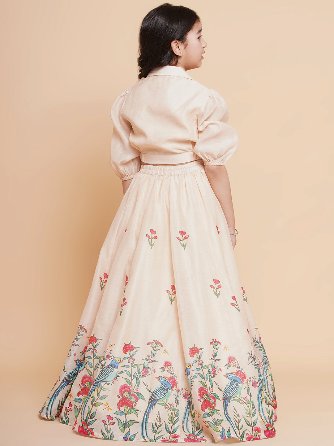 Girls Beige Peacock Printed Ready to Wear Lehenga with Choli