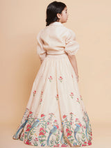 Girls Beige Peacock Printed Ready to Wear Lehenga with Choli