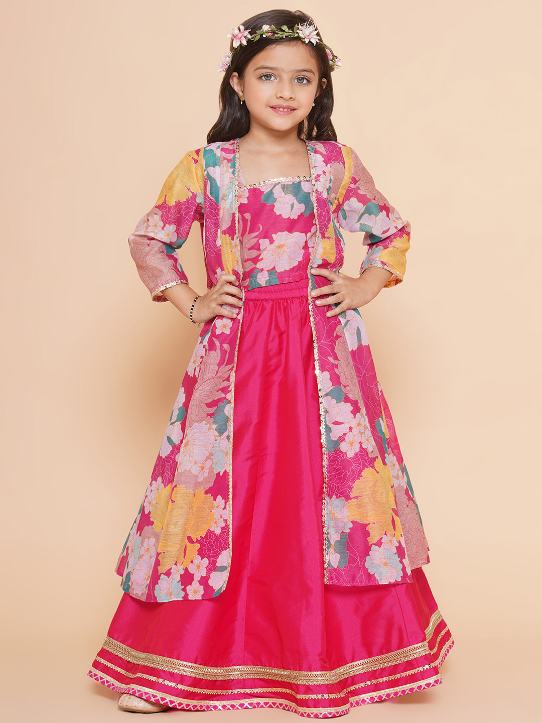 Girls Pink Floral Print Top & Shrug with Ready to Wear Skirts