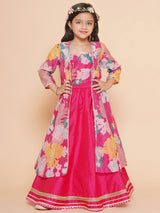 Girls Pink Floral Print Top & Shrug with Ready to Wear Skirts