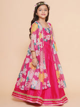 Girls Pink Floral Print Top & Shrug with Ready to Wear Skirts