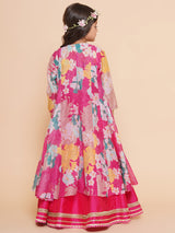 Girls Pink Floral Print Top & Shrug with Ready to Wear Skirts