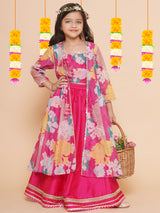 Girls Pink Floral Print Top & Shrug with Ready to Wear Skirts