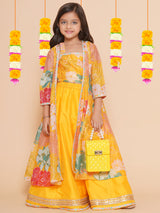 Girls Yellow Floral Print Top & Shrug with Ready to Wear Skirts