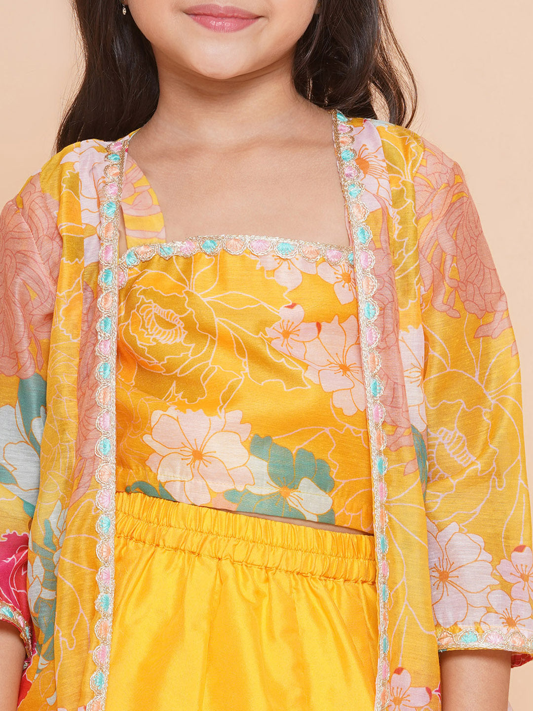 Girls Yellow Floral Print Top & Shrug with Ready to Wear Skirts