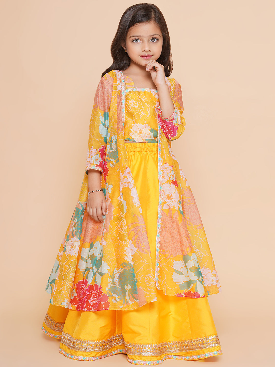 Girls Yellow Floral Print Top & Shrug with Ready to Wear Skirts