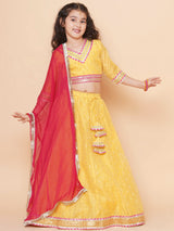 Girls Yellow Jacquard Booti Lehenga Choli Ready to Wear with Pink Dupatta