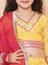 Girls Yellow Jacquard Booti Lehenga Choli Ready to Wear with Pink Dupatta