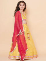 Girls Yellow Jacquard Booti Lehenga Choli Ready to Wear with Pink Dupatta
