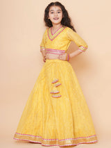 Girls Yellow Jacquard Booti Lehenga Choli Ready to Wear with Pink Dupatta