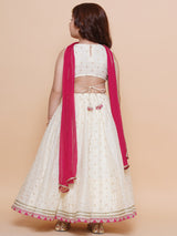 Girls Off White Jacquard Booti Lehenga & Pink Embroidered Choli Lehenga with Dupatta