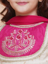 Girls Off White Jacquard Booti Lehenga & Pink Embroidered Choli Lehenga with Dupatta