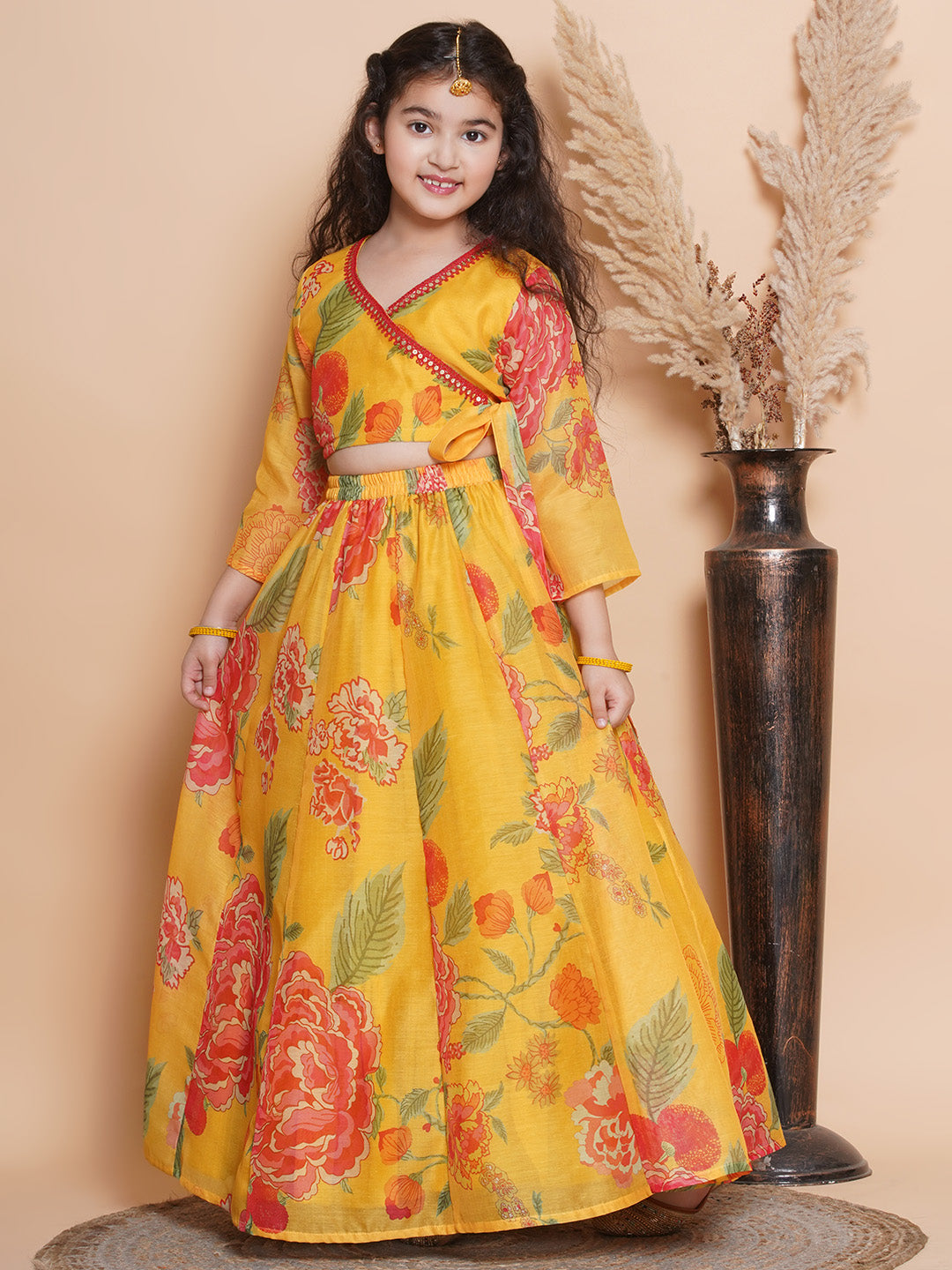 Girls Yellow Printed Ready to Wear Choli & Lehenga
